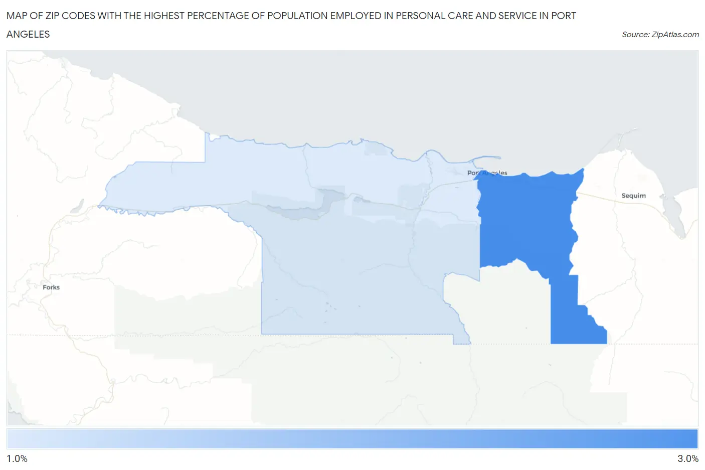 Zip Codes with the Highest Percentage of Population Employed in Personal Care and Service in Port Angeles Map