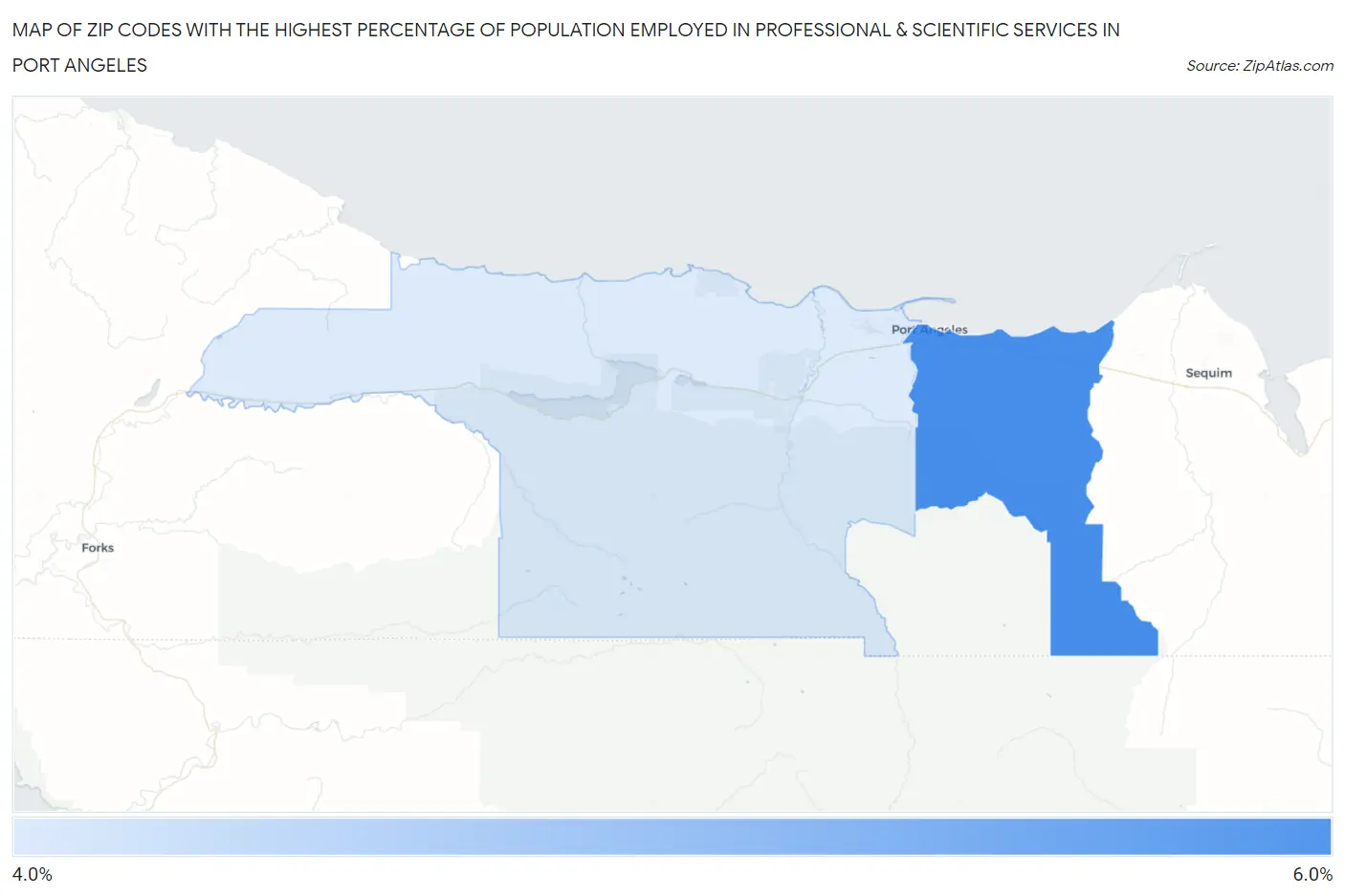 Zip Codes with the Highest Percentage of Population Employed in Professional & Scientific Services in Port Angeles Map