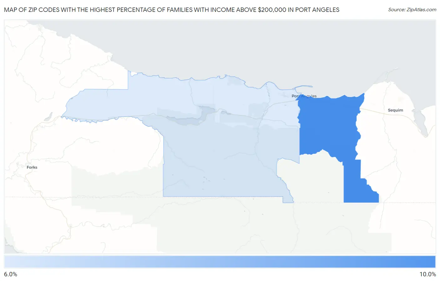 Zip Codes with the Highest Percentage of Families with Income Above $200,000 in Port Angeles Map