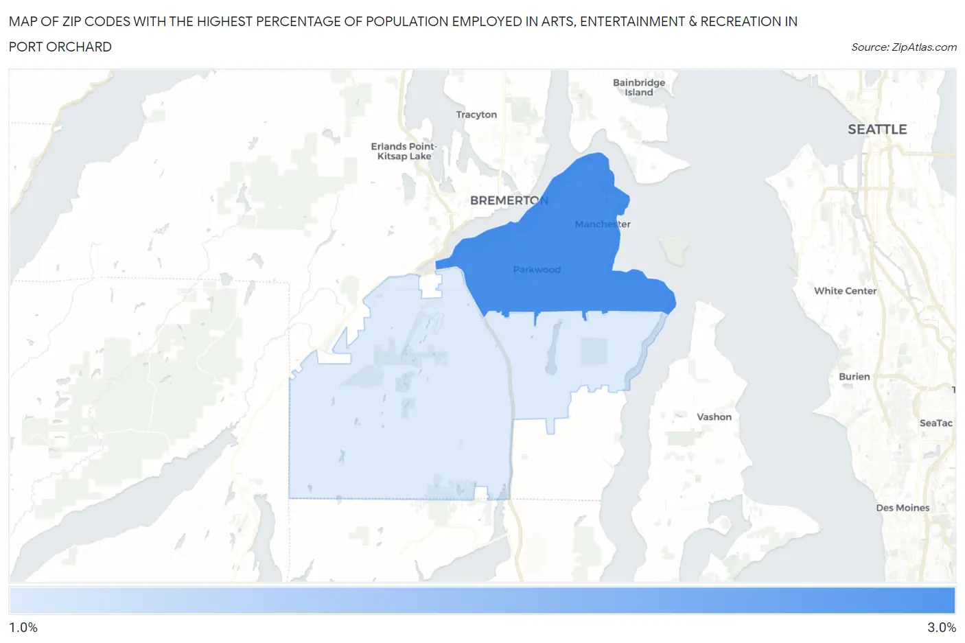 Zip Codes with the Highest Percentage of Population Employed in Arts, Entertainment & Recreation in Port Orchard Map