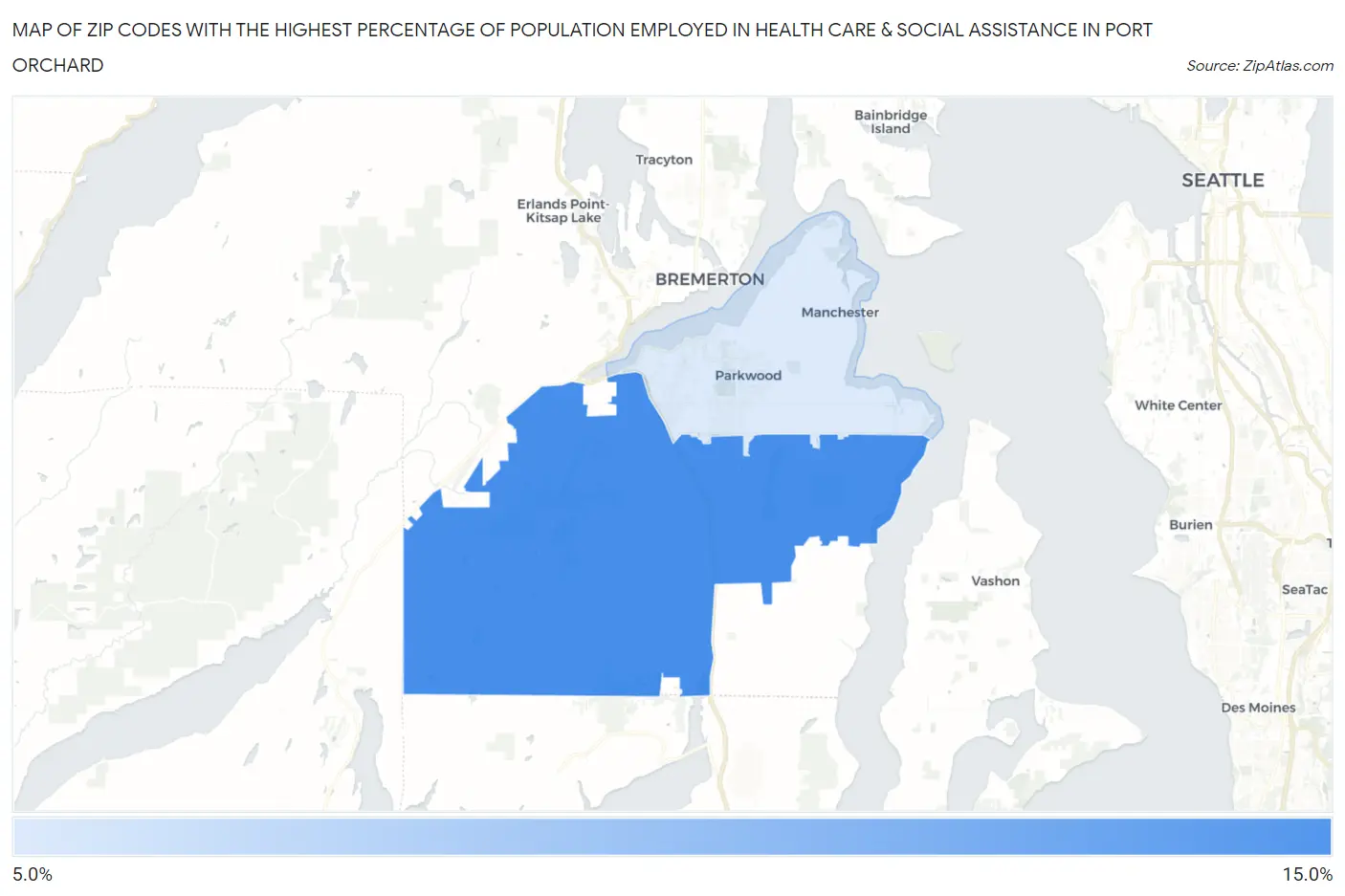 Zip Codes with the Highest Percentage of Population Employed in Health Care & Social Assistance in Port Orchard Map