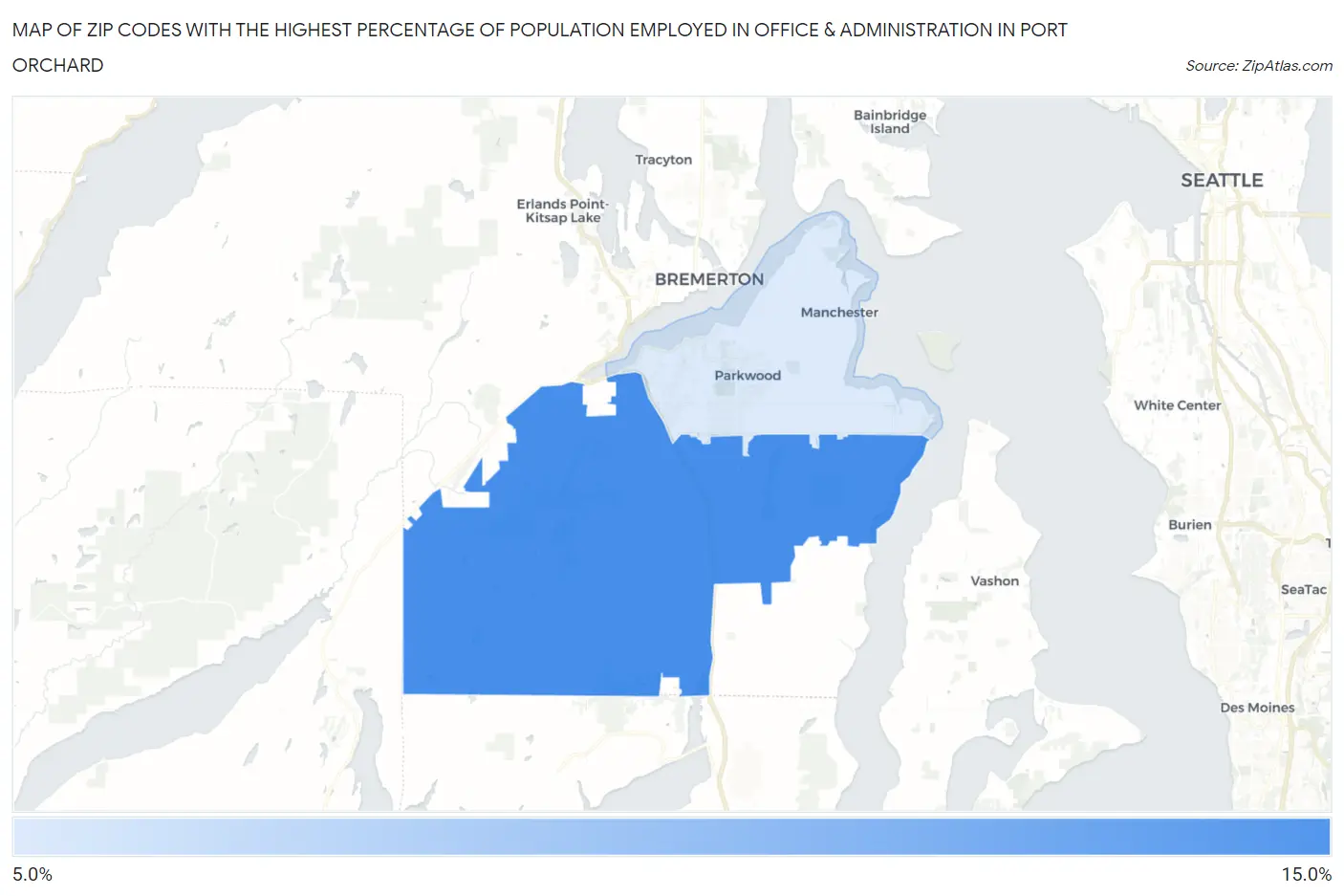Zip Codes with the Highest Percentage of Population Employed in Office & Administration in Port Orchard Map