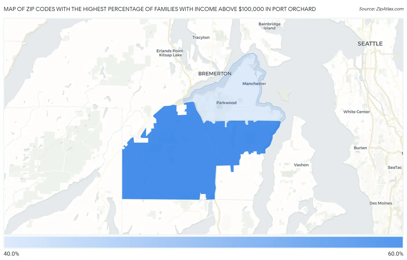 Zip Codes with the Highest Percentage of Families with Income Above $100,000 in Port Orchard Map