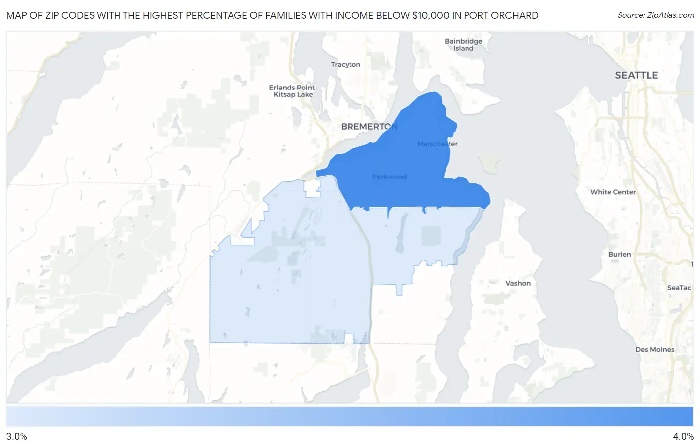 Zip Codes with the Highest Percentage of Families with Income Below $10,000 in Port Orchard Map