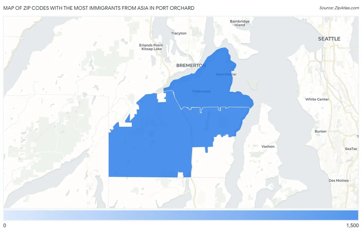 Zip Codes with the Most Immigrants from Asia in Port Orchard Map