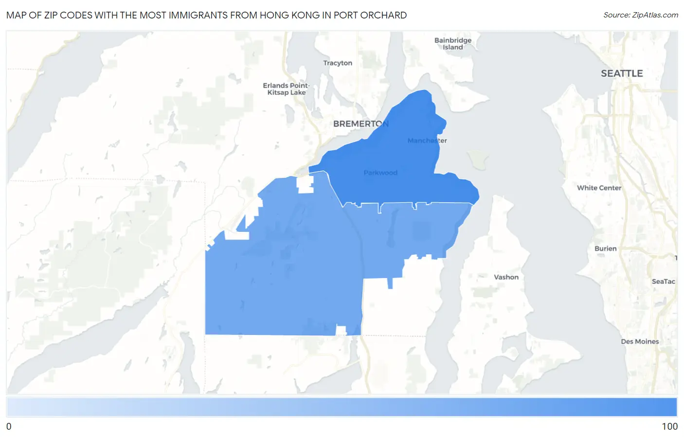 Zip Codes with the Most Immigrants from Hong Kong in Port Orchard Map