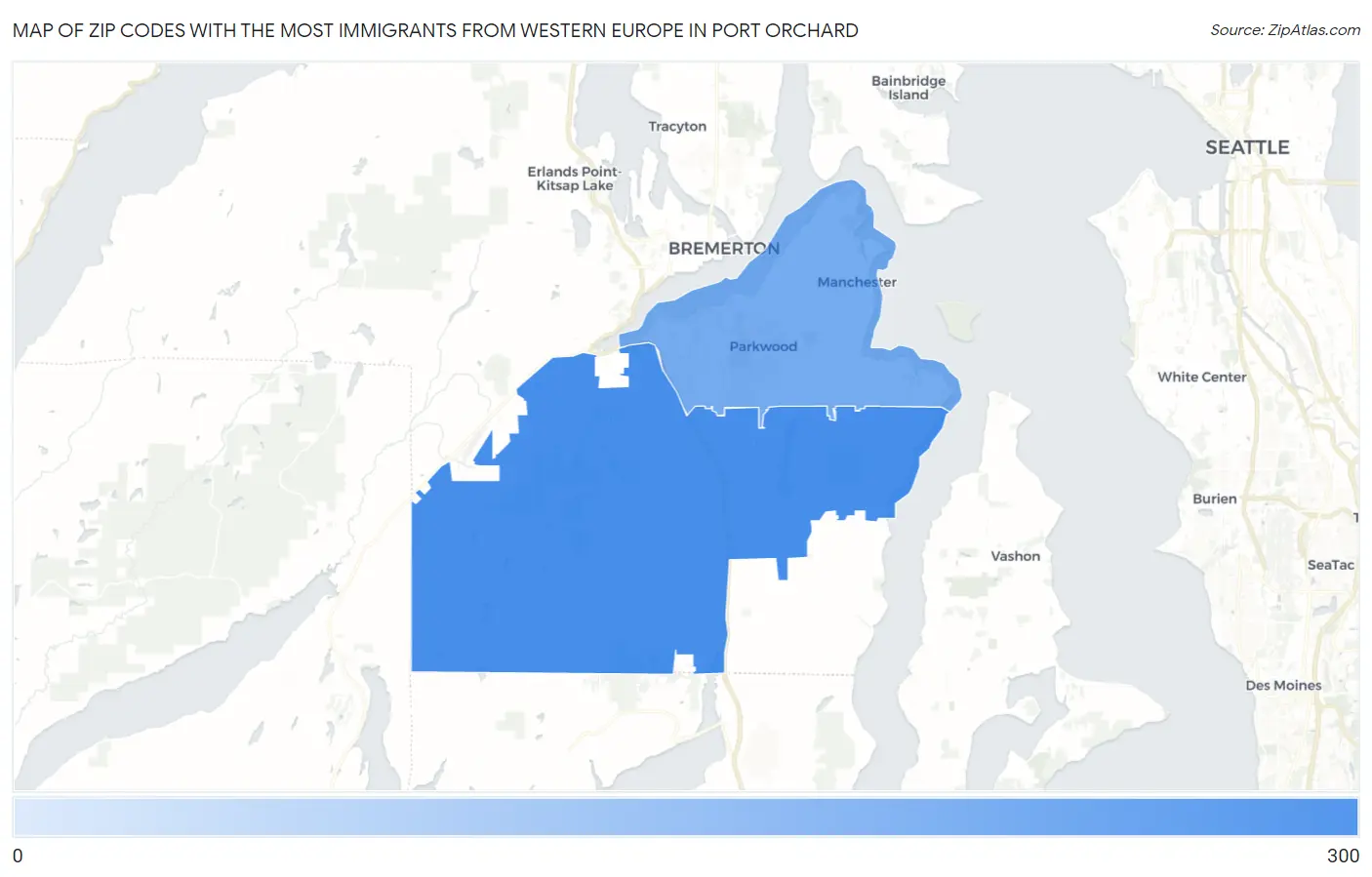 Zip Codes with the Most Immigrants from Western Europe in Port Orchard Map