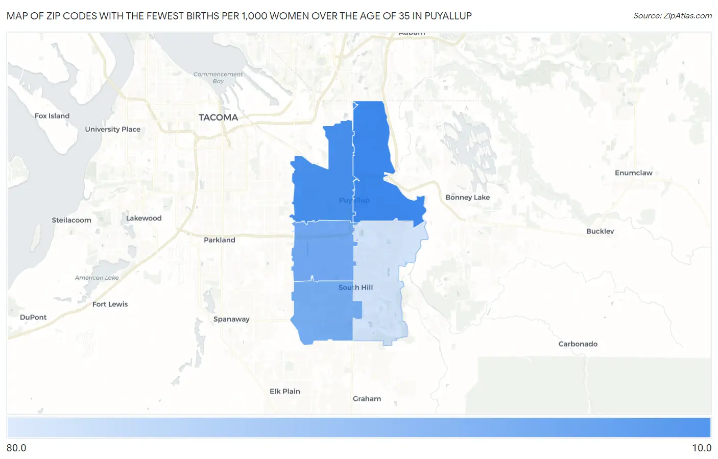Zip Codes with the Fewest Births per 1,000 Women Over the Age of 35 in Puyallup Map