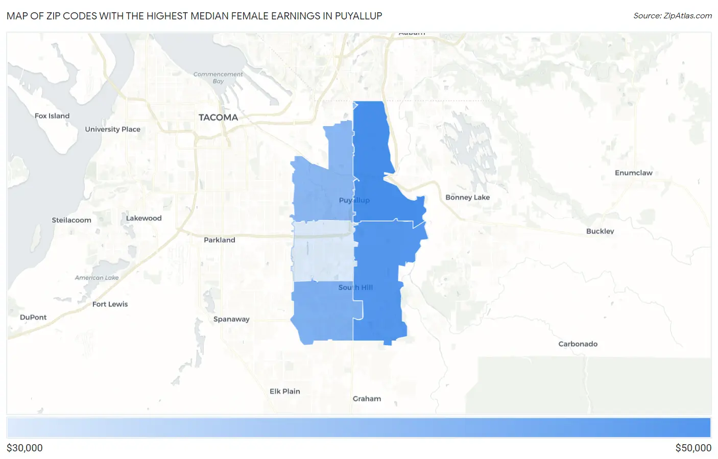 Zip Codes with the Highest Median Female Earnings in Puyallup Map