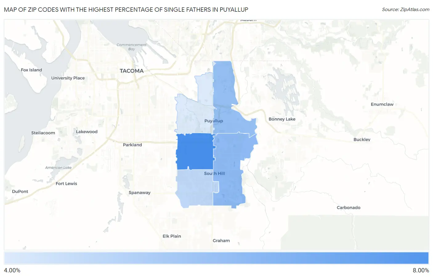 Zip Codes with the Highest Percentage of Single Fathers in Puyallup Map