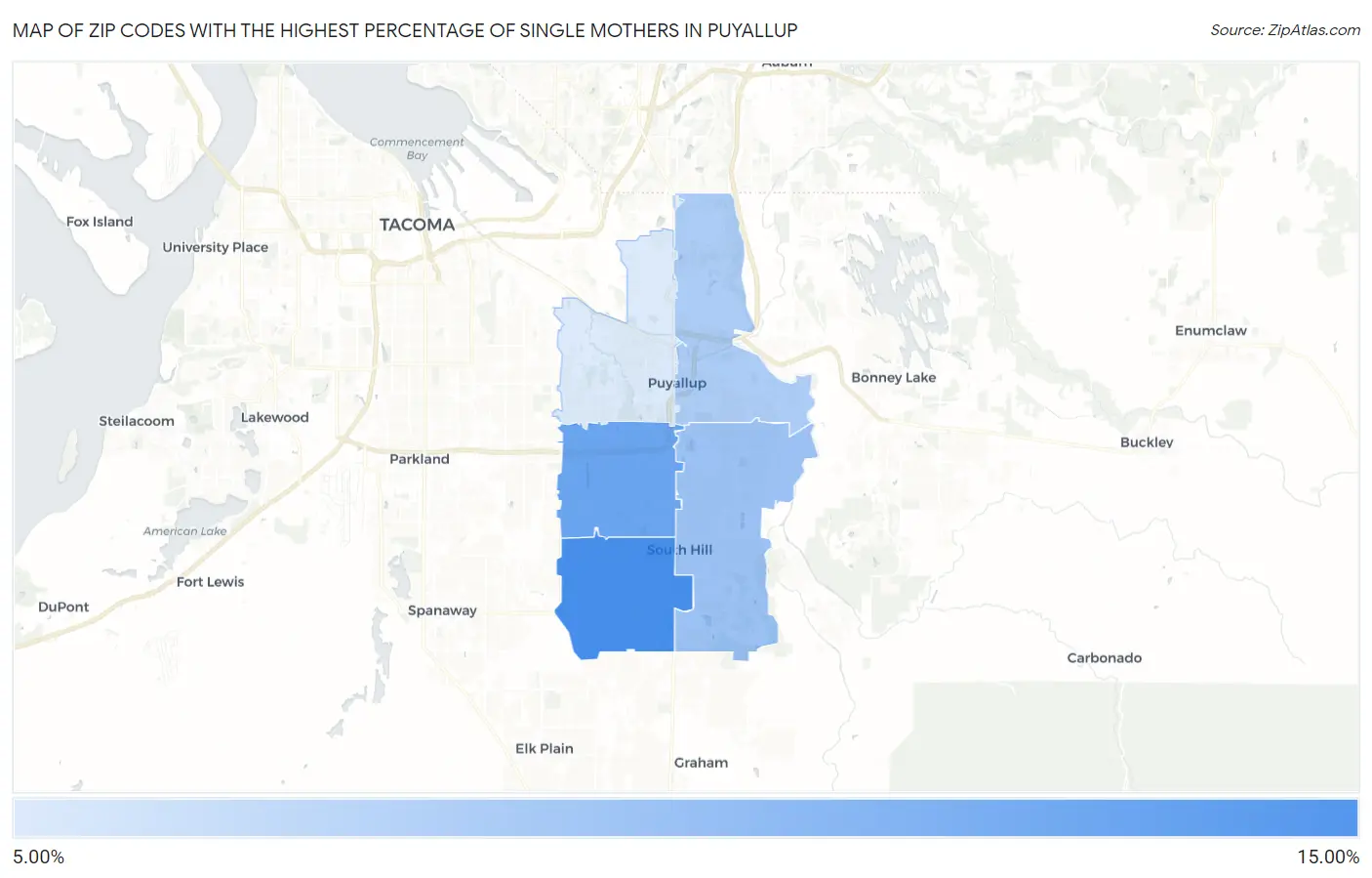Zip Codes with the Highest Percentage of Single Mothers in Puyallup Map