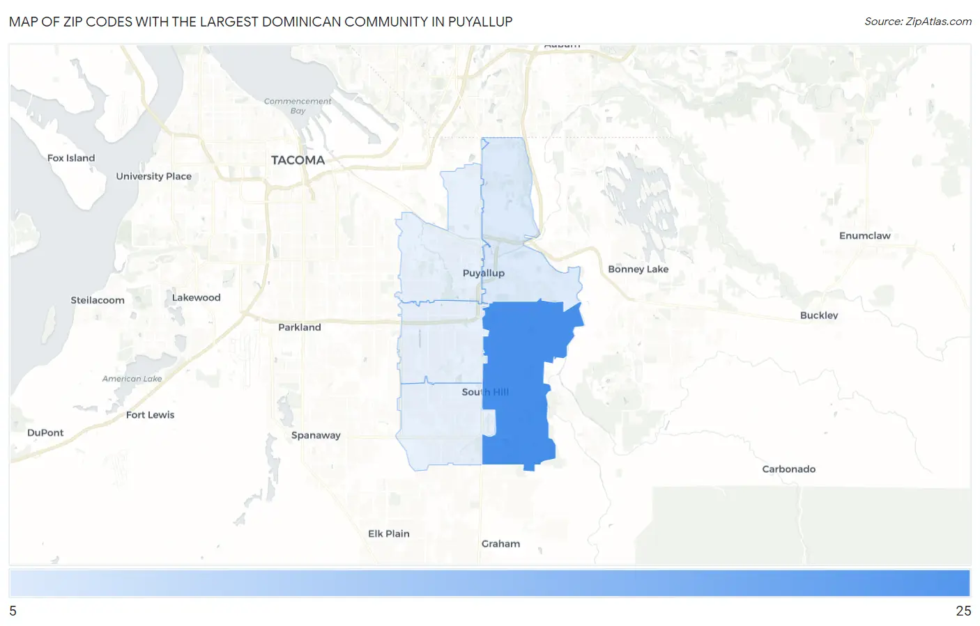 Zip Codes with the Largest Dominican Community in Puyallup Map