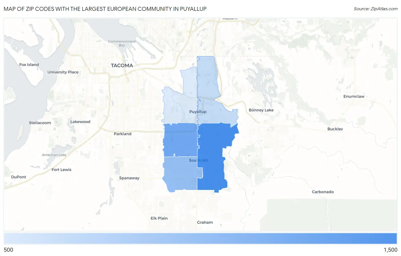 Zip Codes with the Largest European Community in Puyallup Map