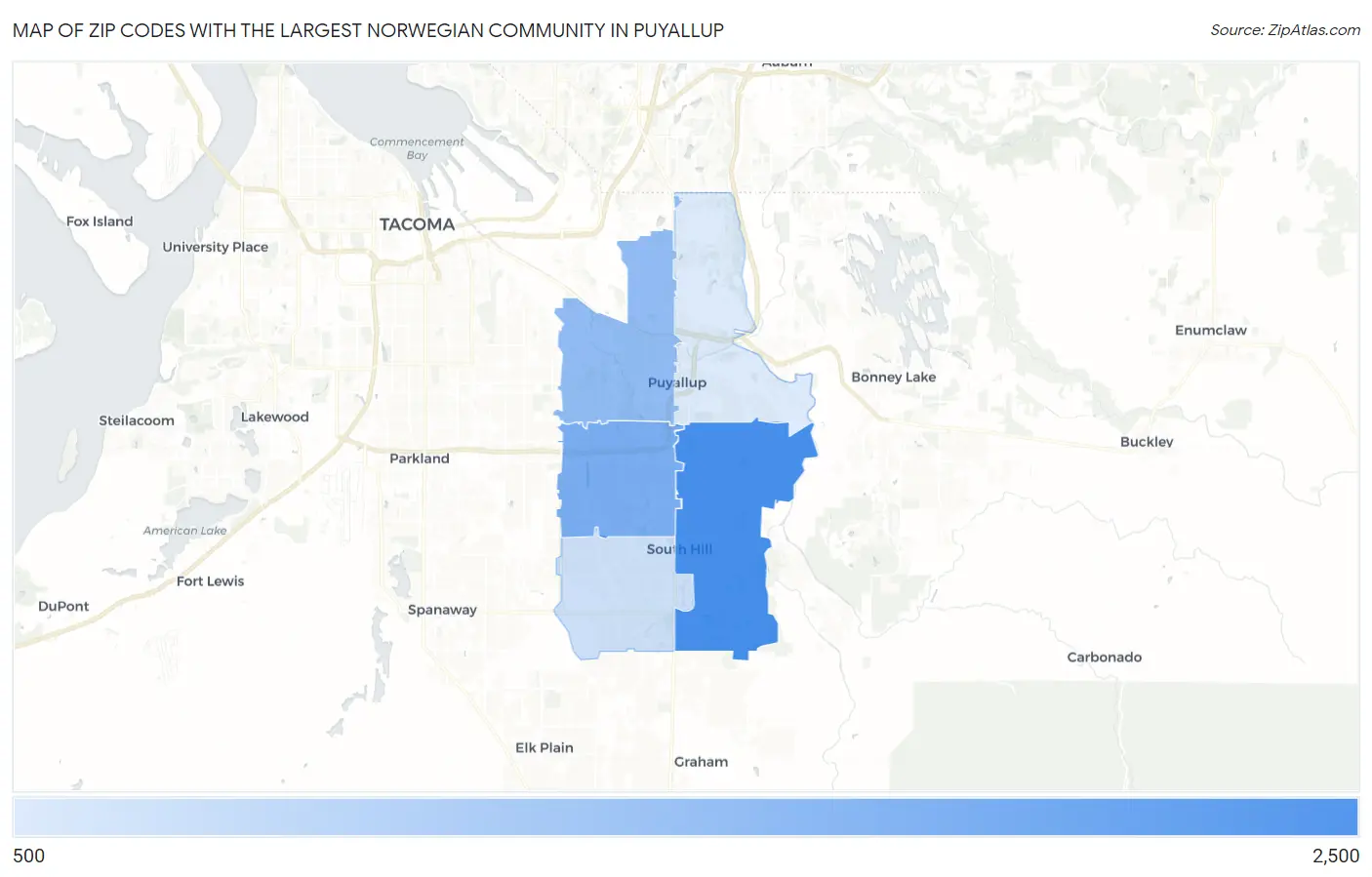 Zip Codes with the Largest Norwegian Community in Puyallup Map