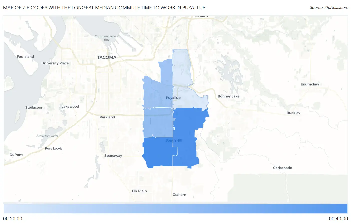 Zip Codes with the Longest Median Commute Time to Work in Puyallup Map