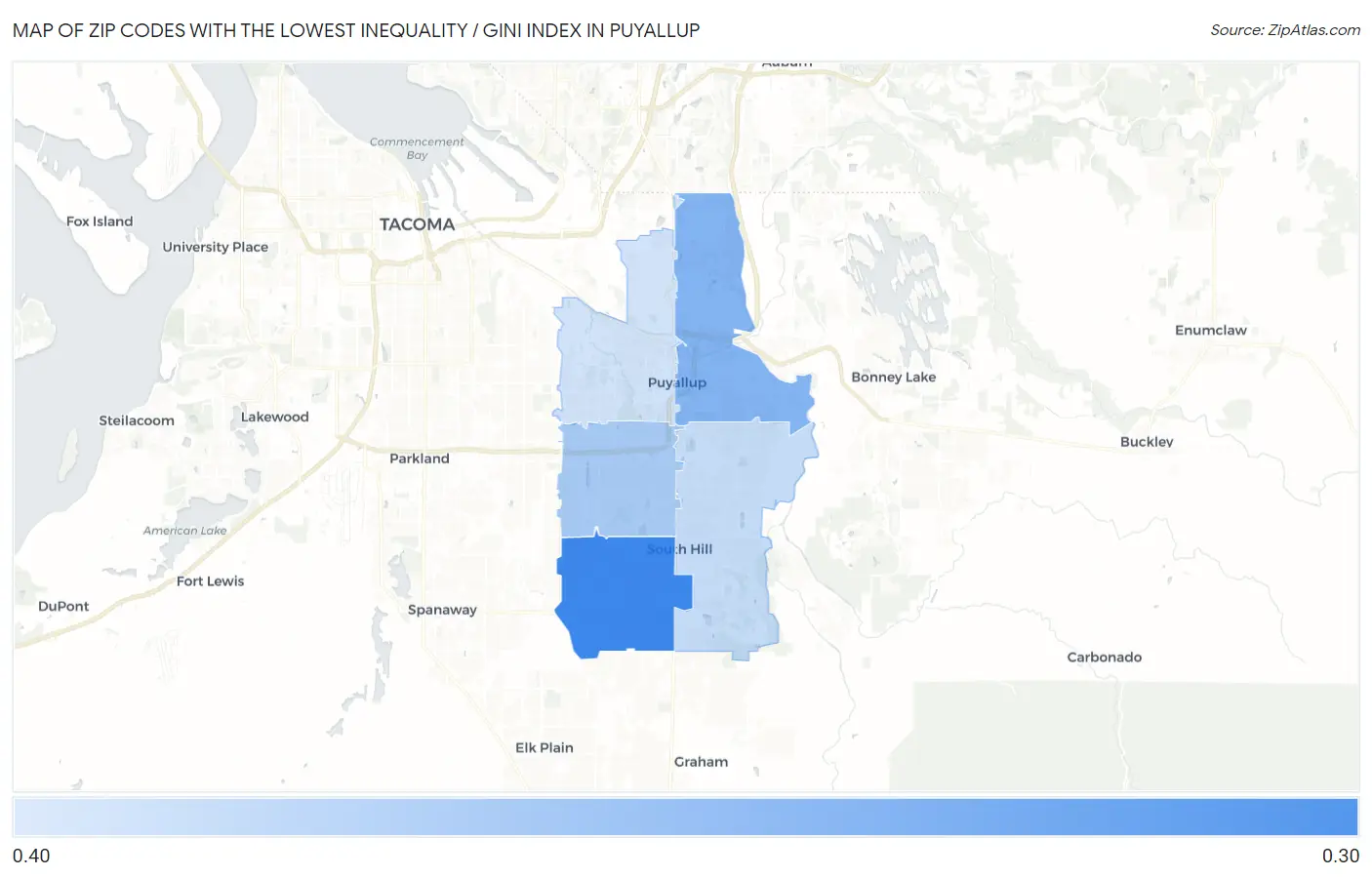Zip Codes with the Lowest Inequality / Gini Index in Puyallup Map