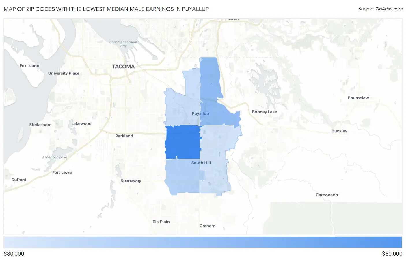 Zip Codes with the Lowest Median Male Earnings in Puyallup Map