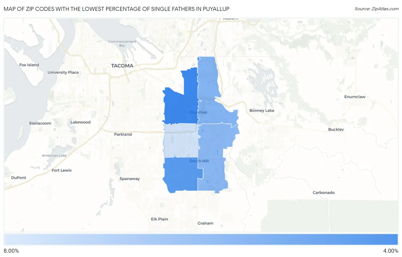 Zip Codes with the Lowest Percentage of Single Fathers in Puyallup Map