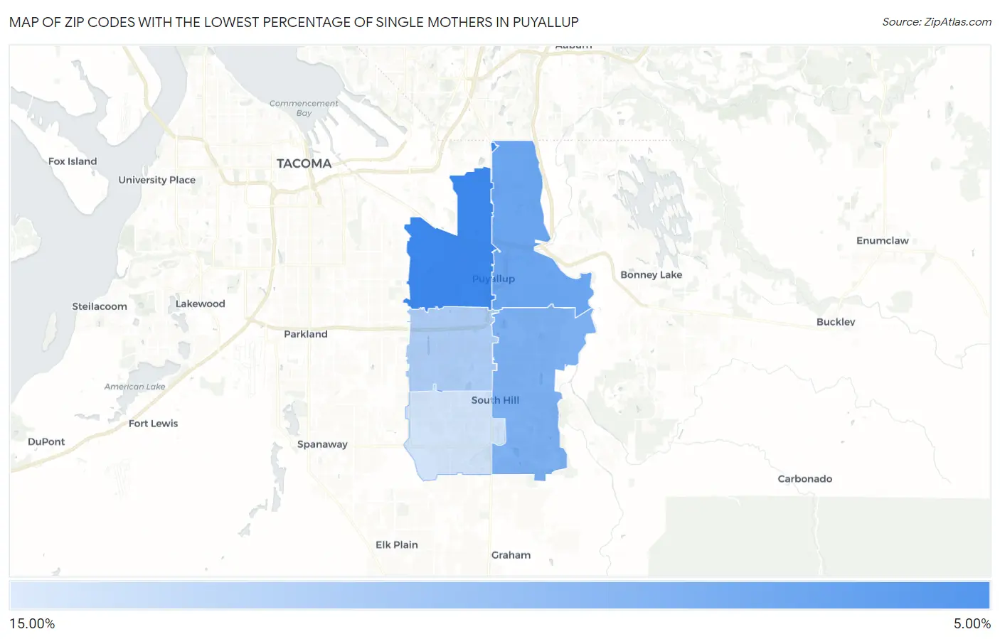 Zip Codes with the Lowest Percentage of Single Mothers in Puyallup Map
