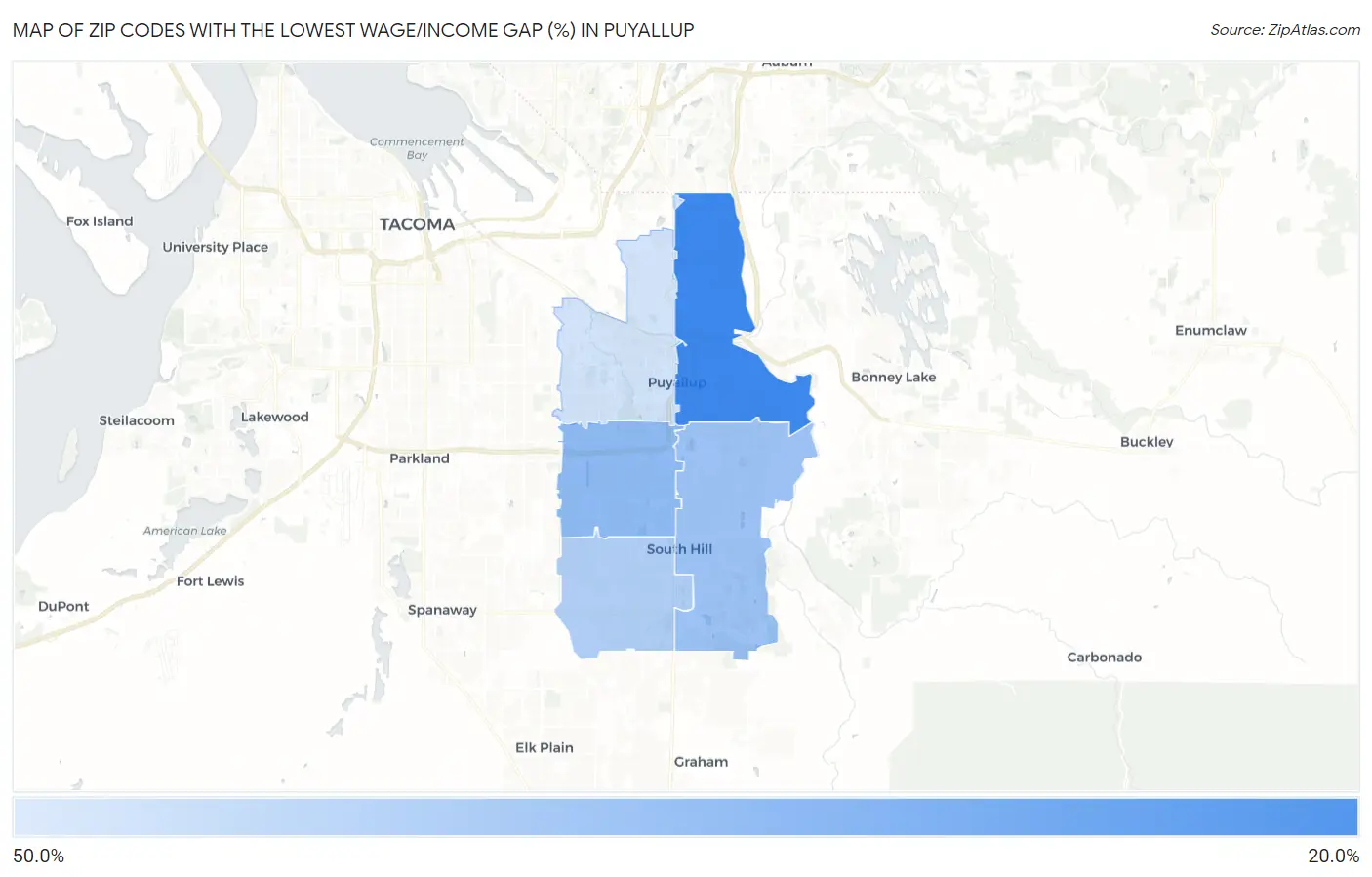 Zip Codes with the Lowest Wage/Income Gap (%) in Puyallup Map