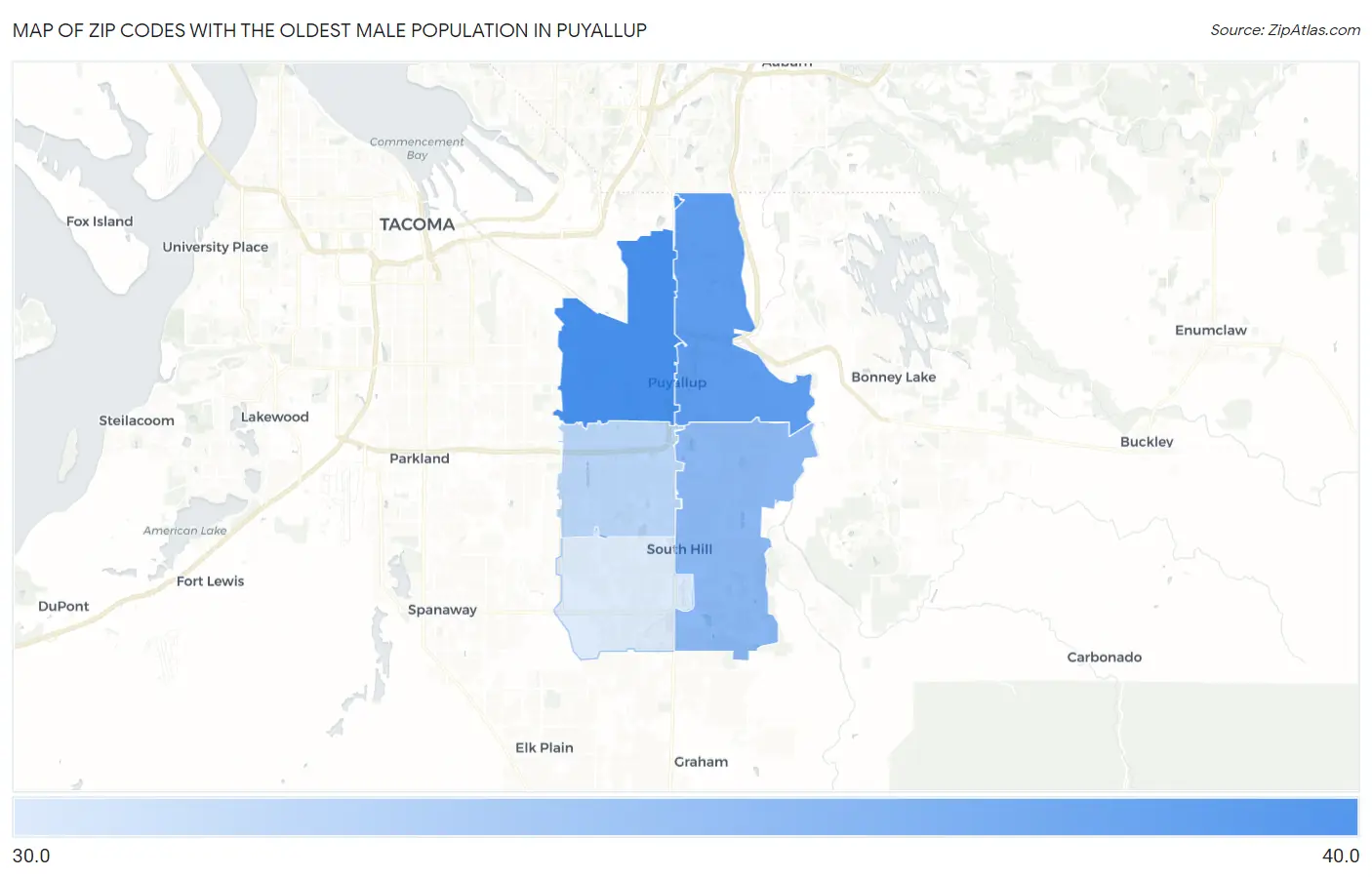 Zip Codes with the Oldest Male Population in Puyallup Map