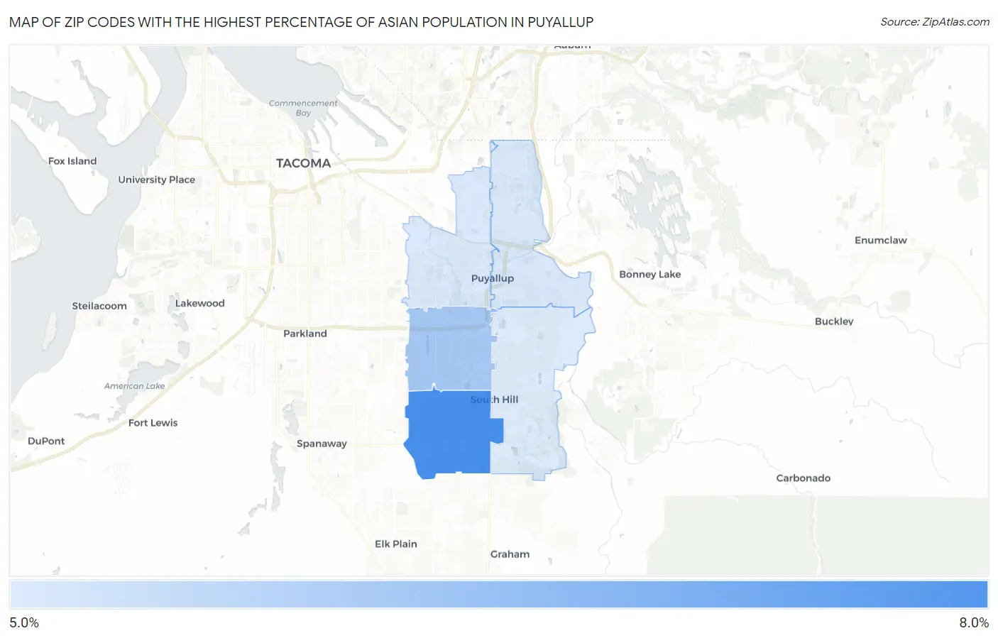 Zip Codes with the Highest Percentage of Asian Population in Puyallup Map