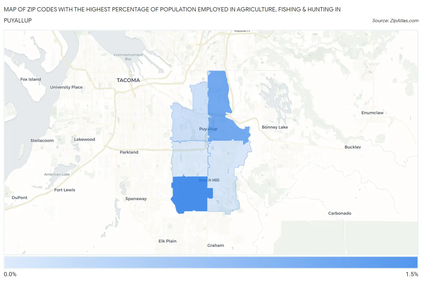 Zip Codes with the Highest Percentage of Population Employed in Agriculture, Fishing & Hunting in Puyallup Map