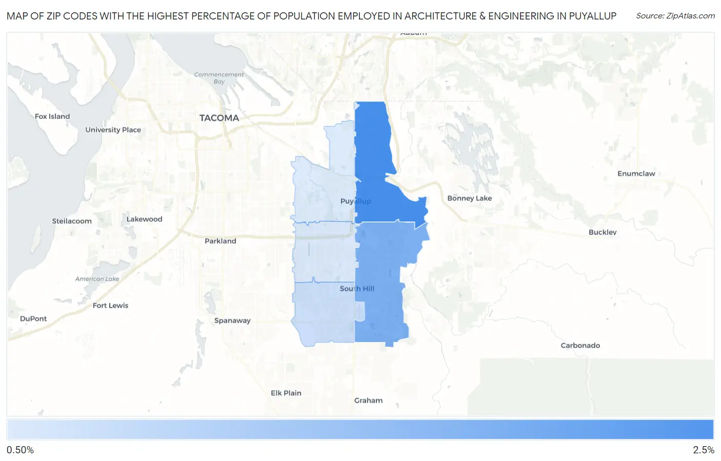 Zip Codes with the Highest Percentage of Population Employed in Architecture & Engineering in Puyallup Map