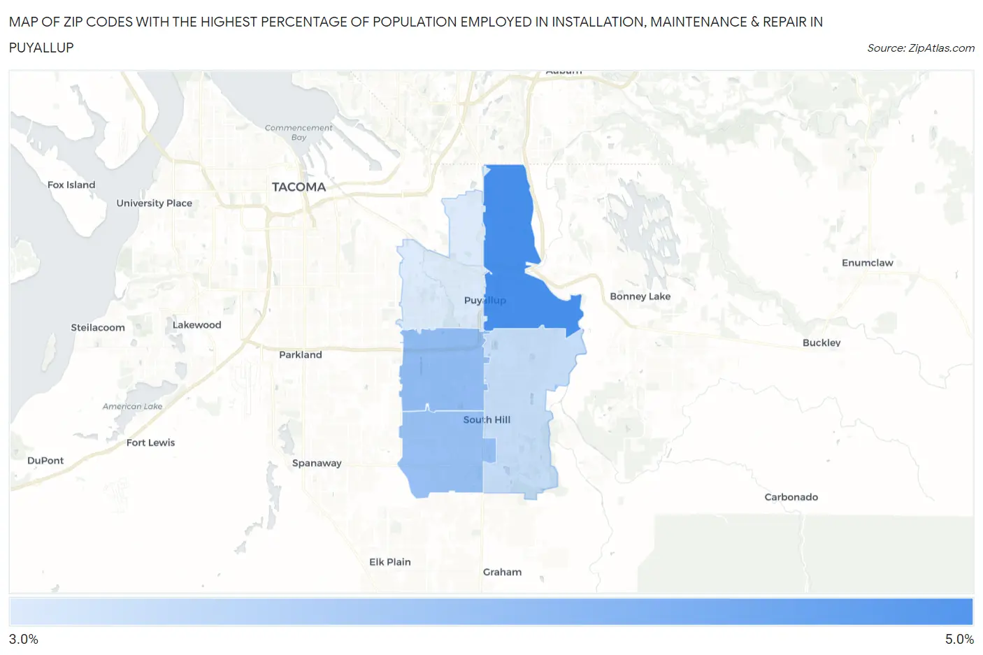 Zip Codes with the Highest Percentage of Population Employed in Installation, Maintenance & Repair in Puyallup Map