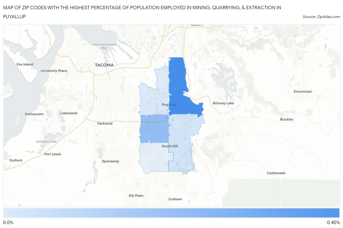 Zip Codes with the Highest Percentage of Population Employed in Mining, Quarrying, & Extraction in Puyallup Map