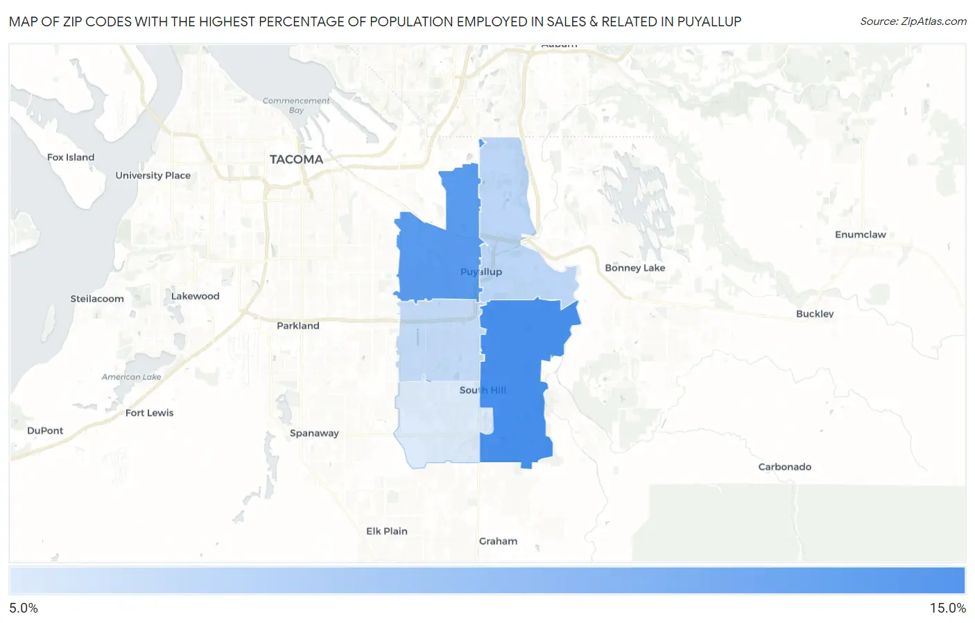 Zip Codes with the Highest Percentage of Population Employed in Sales & Related in Puyallup Map