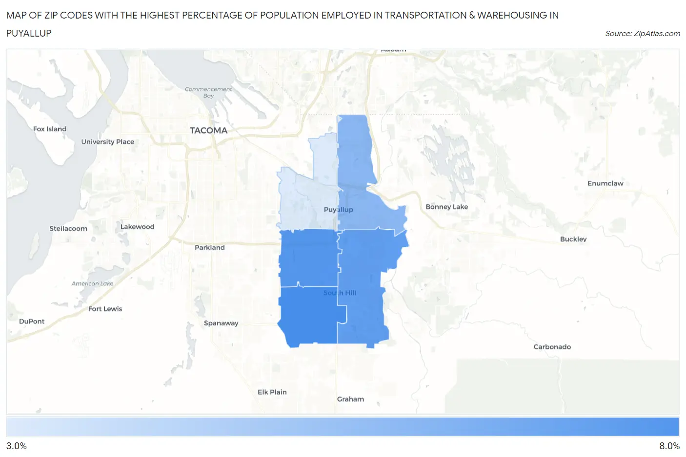 Zip Codes with the Highest Percentage of Population Employed in Transportation & Warehousing in Puyallup Map