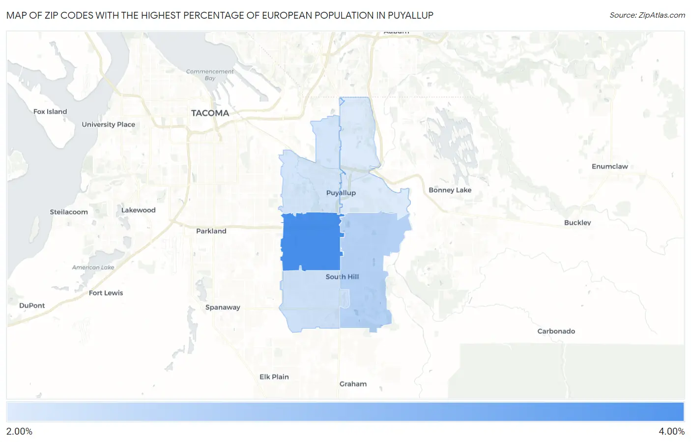 Zip Codes with the Highest Percentage of European Population in Puyallup Map