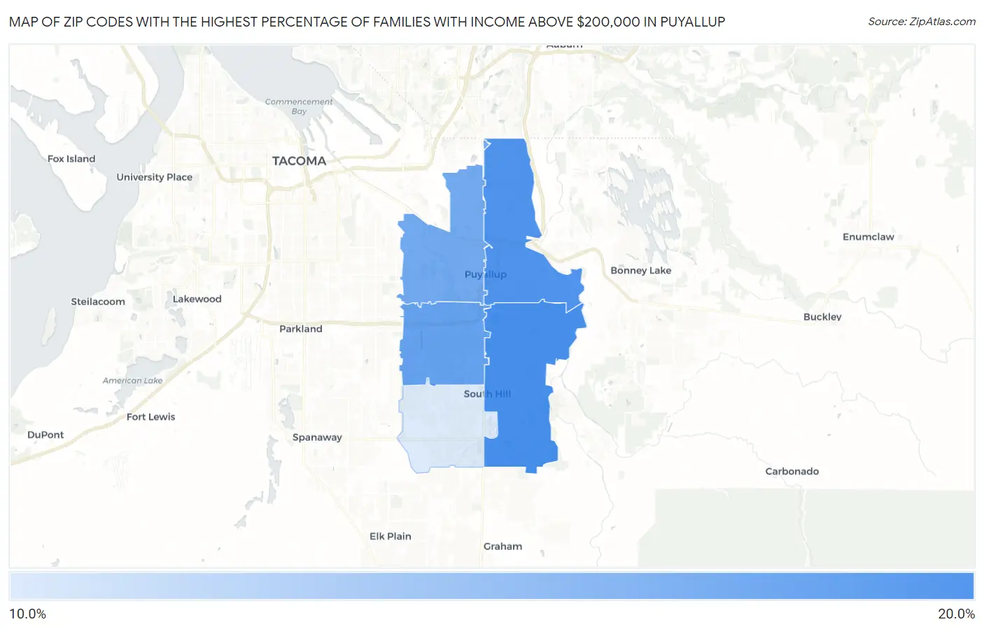 Zip Codes with the Highest Percentage of Families with Income Above $200,000 in Puyallup Map