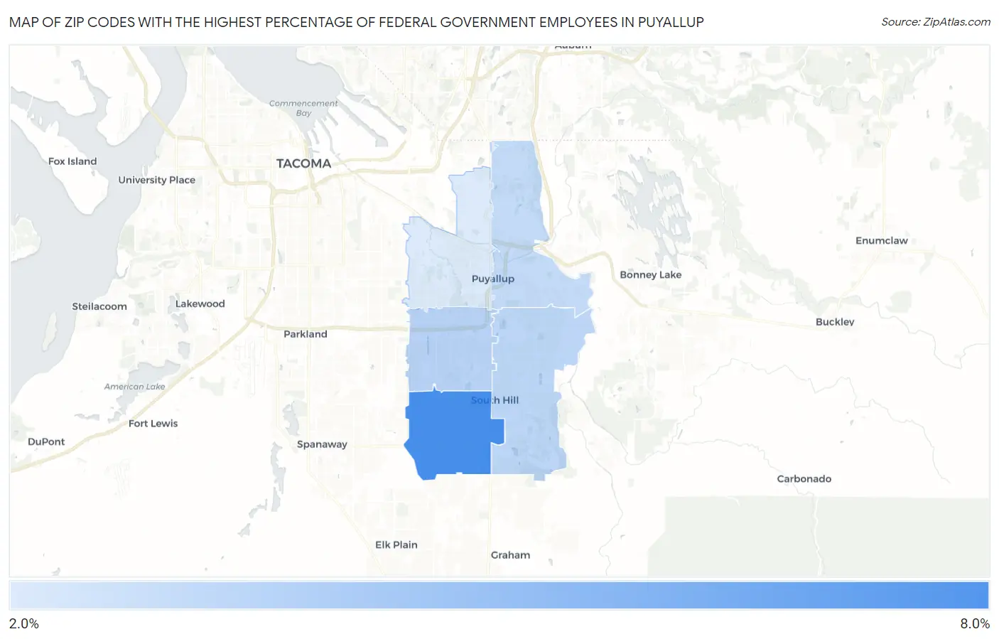 Zip Codes with the Highest Percentage of Federal Government Employees in Puyallup Map