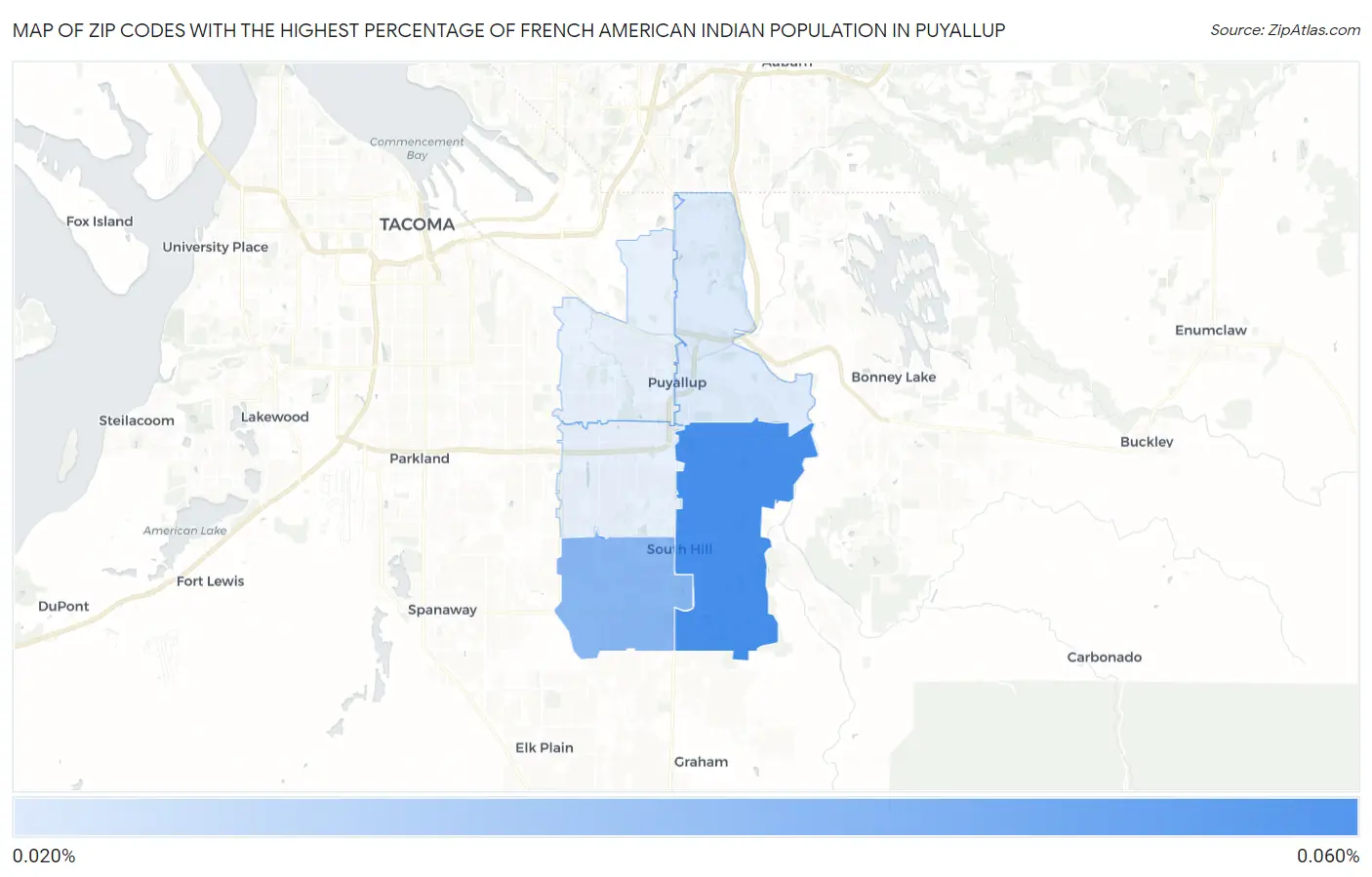 Zip Codes with the Highest Percentage of French American Indian Population in Puyallup Map