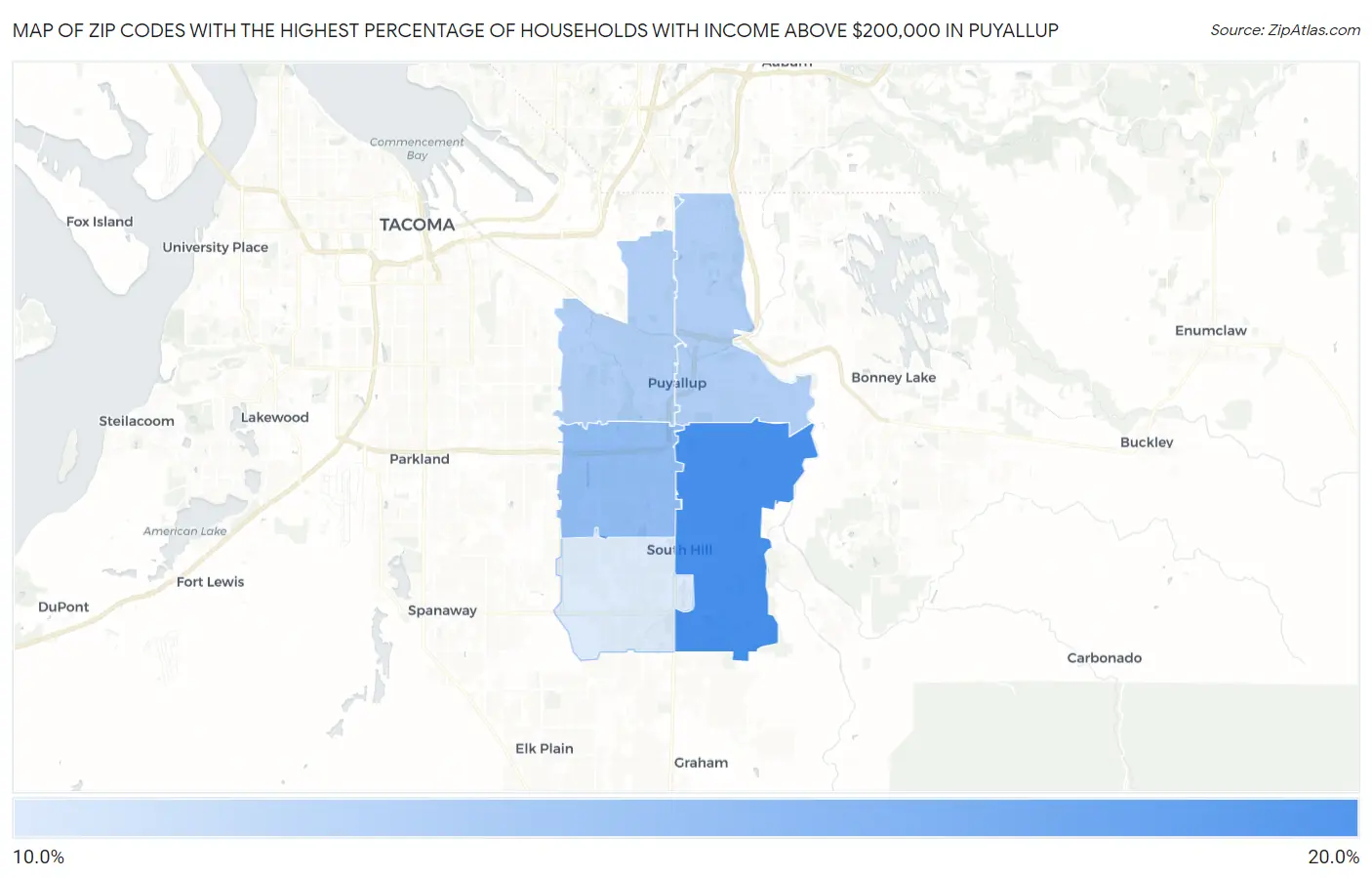 Zip Codes with the Highest Percentage of Households with Income Above $200,000 in Puyallup Map