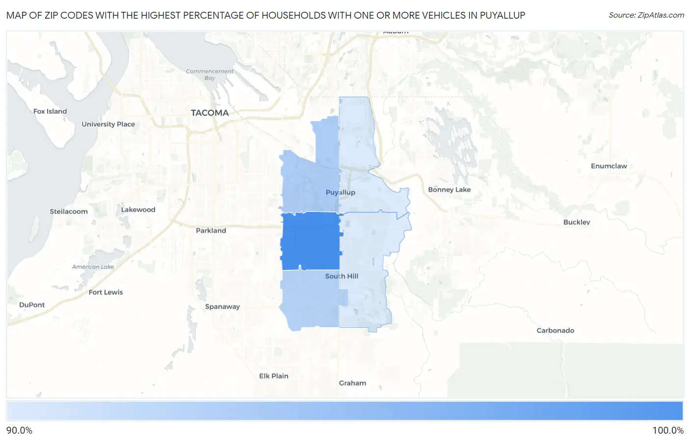 Zip Codes with the Highest Percentage of Households With One or more Vehicles in Puyallup Map