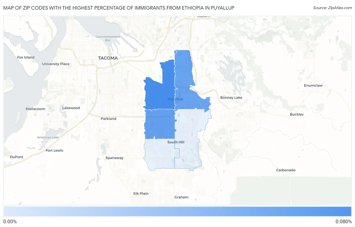 Zip Codes with the Highest Percentage of Immigrants from Ethiopia in Puyallup Map