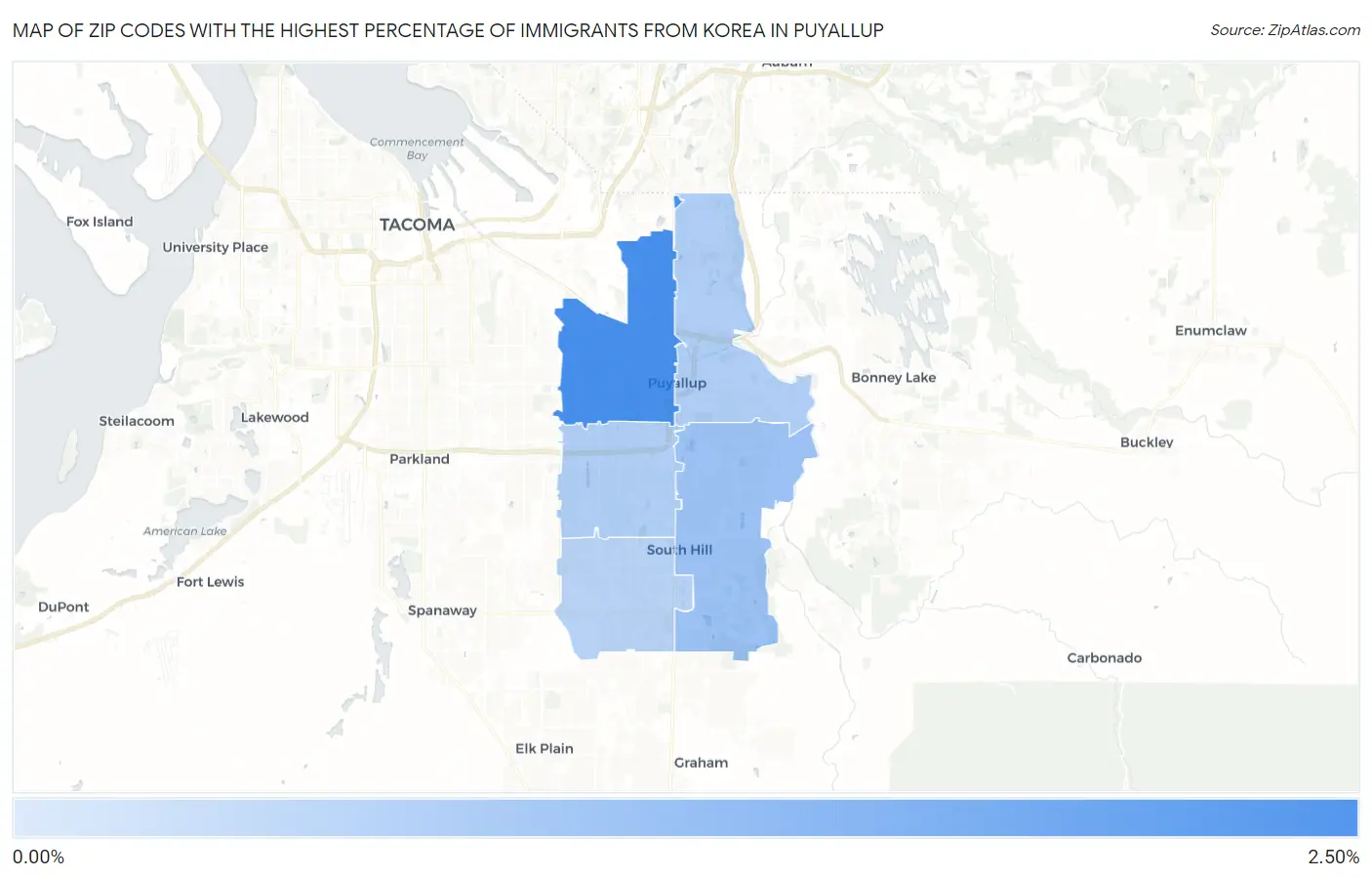 Zip Codes with the Highest Percentage of Immigrants from Korea in Puyallup Map