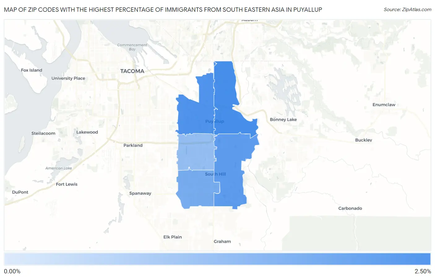 Zip Codes with the Highest Percentage of Immigrants from South Eastern Asia in Puyallup Map