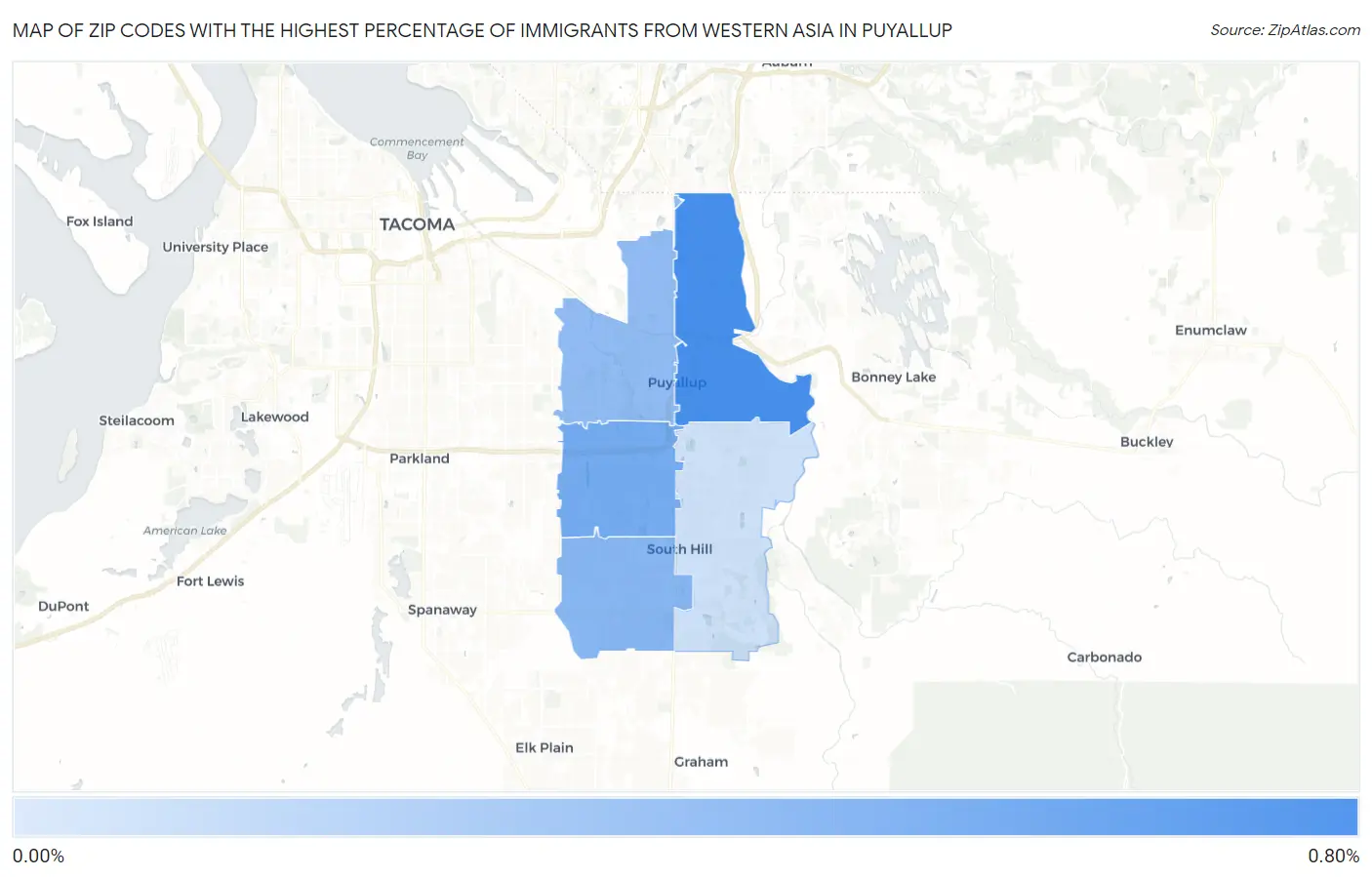 Zip Codes with the Highest Percentage of Immigrants from Western Asia in Puyallup Map