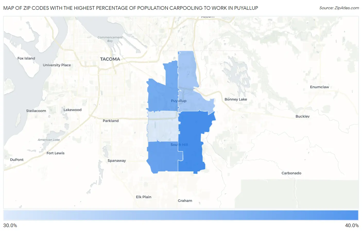 Zip Codes with the Highest Percentage of Population Carpooling to Work in Puyallup Map