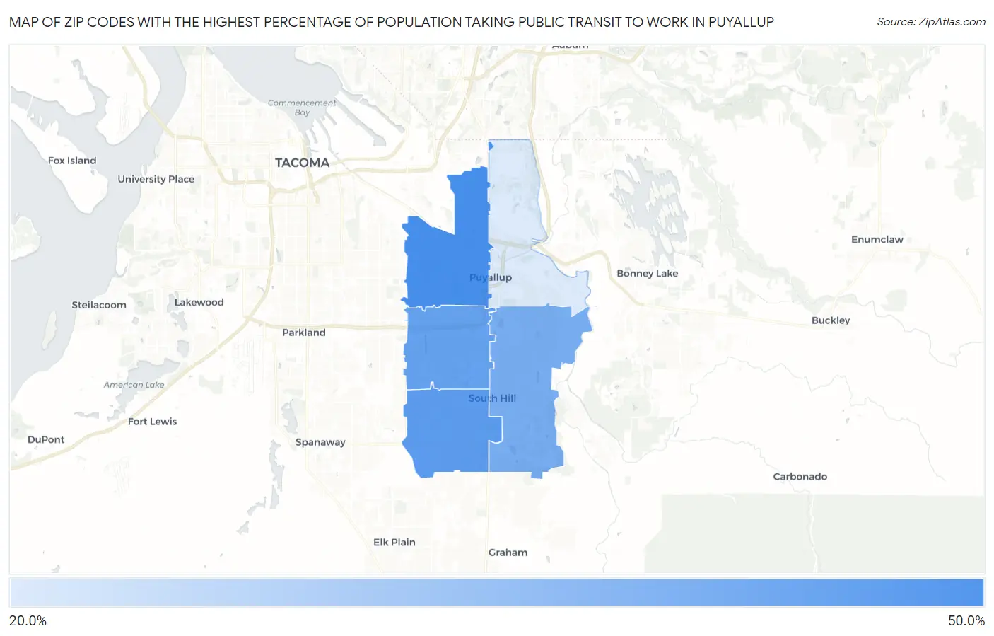 Zip Codes with the Highest Percentage of Population Taking Public Transit to Work in Puyallup Map