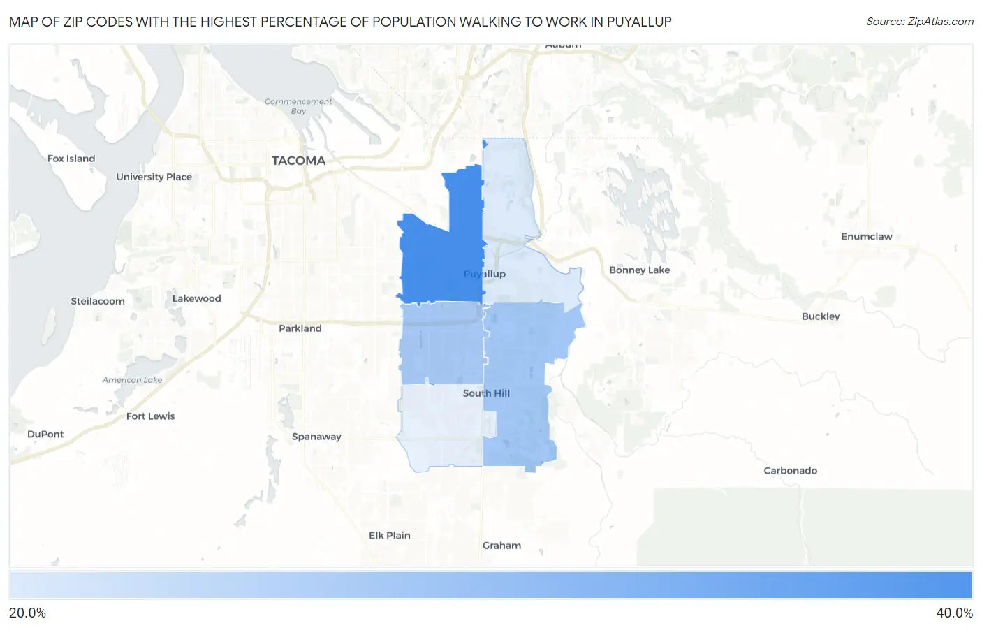Zip Codes with the Highest Percentage of Population Walking to Work in Puyallup Map