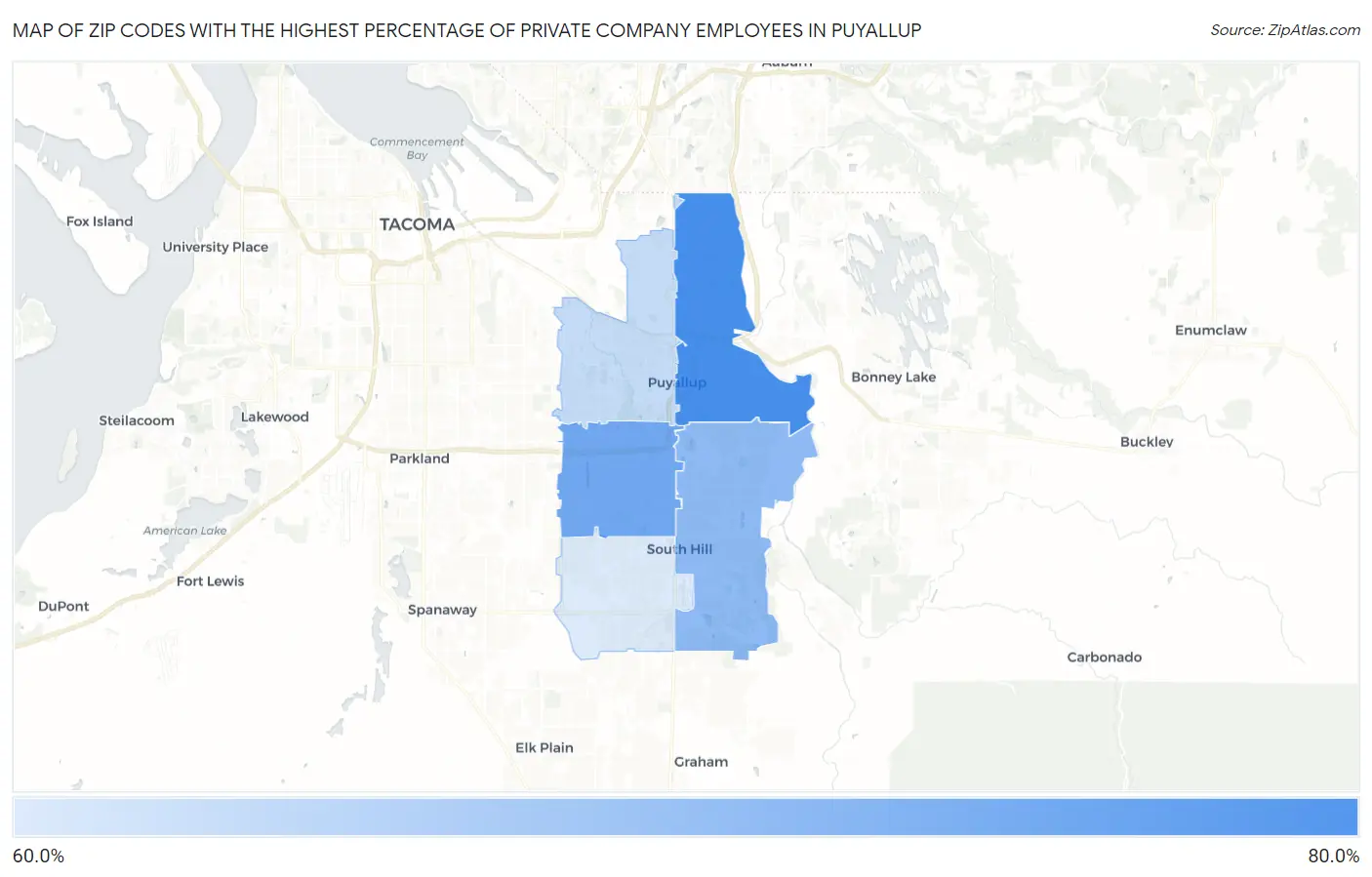 Zip Codes with the Highest Percentage of Private Company Employees in Puyallup Map