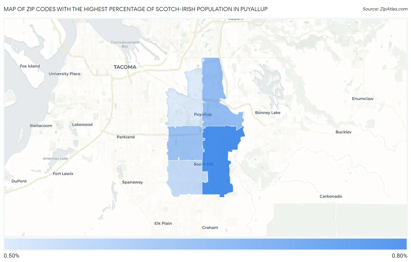 Zip Codes with the Highest Percentage of Scotch-Irish Population in Puyallup Map