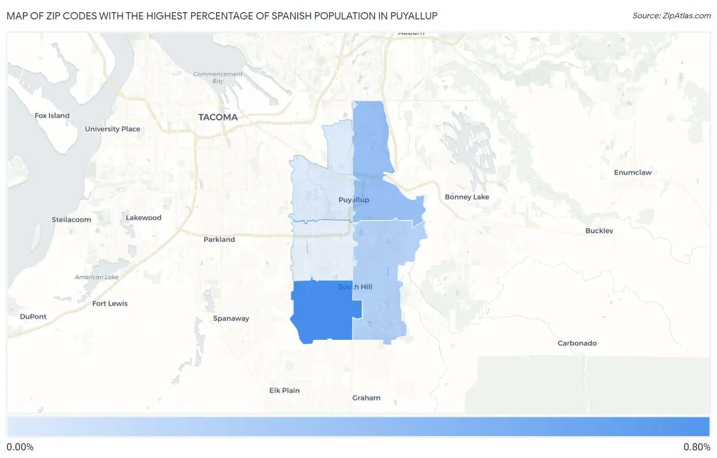 Zip Codes with the Highest Percentage of Spanish Population in Puyallup Map