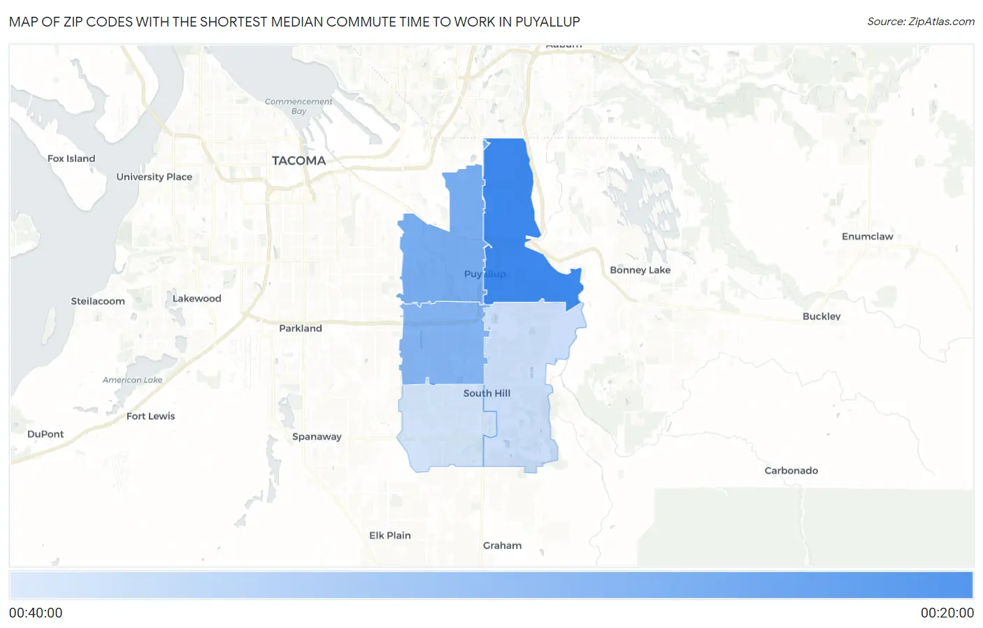Zip Codes with the Shortest Median Commute Time to Work in Puyallup Map