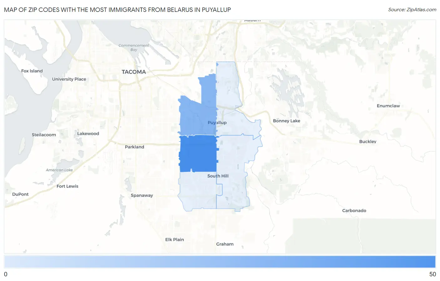 Zip Codes with the Most Immigrants from Belarus in Puyallup Map
